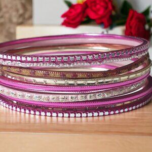Etched Pink Fuchsia Metal Bangle Bracelets Set of 10 Fashion Costume Barbie Core